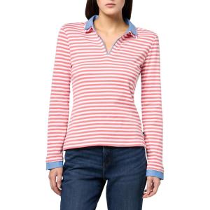 Nautica Women’s Striped Long Sleeve Knit Double Collar Shirt(Coralie/Bright White)