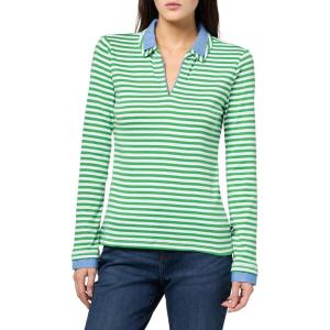 Nautica Women’s Striped Long Sleeve Knit Double Collar Shirt(New Leaf/Bright White)