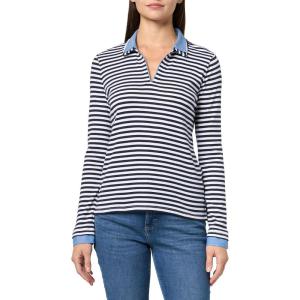 Nautica Women’s Striped Long Sleeve Knit Double Collar Shirt(Night Sky/Bright White)