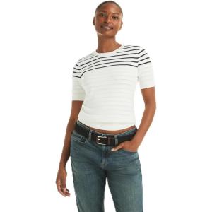 Nautica Women’s Striped Ribbed Knit Short Sleeve Sweater(Bright White Multi)