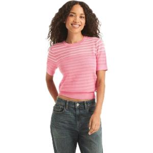 Nautica Women’s Striped Ribbed Knit Short Sleeve Sweater(Peony Multi)