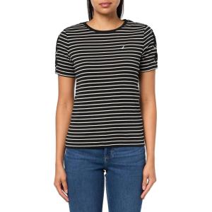 Nautica Women’s T-Shirt Cotton Crewneck with Laceup Sleeve Detail(Black/White Swan)