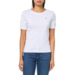 Nautica Women’s T-Shirt Cotton Crewneck with Laceup Sleeve Detail(Bright White)