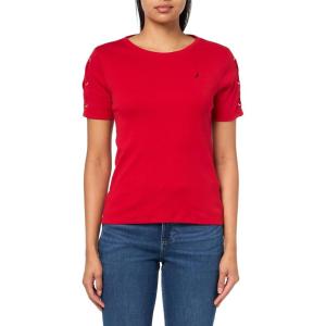 Nautica Women’s T-Shirt Cotton Crewneck with Laceup Sleeve Detail(Haute Red)