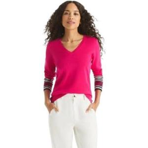 Nautica Women’s Tipped Long Sleeve V-Neck Knit Sweater(Bridal Rose Multi)