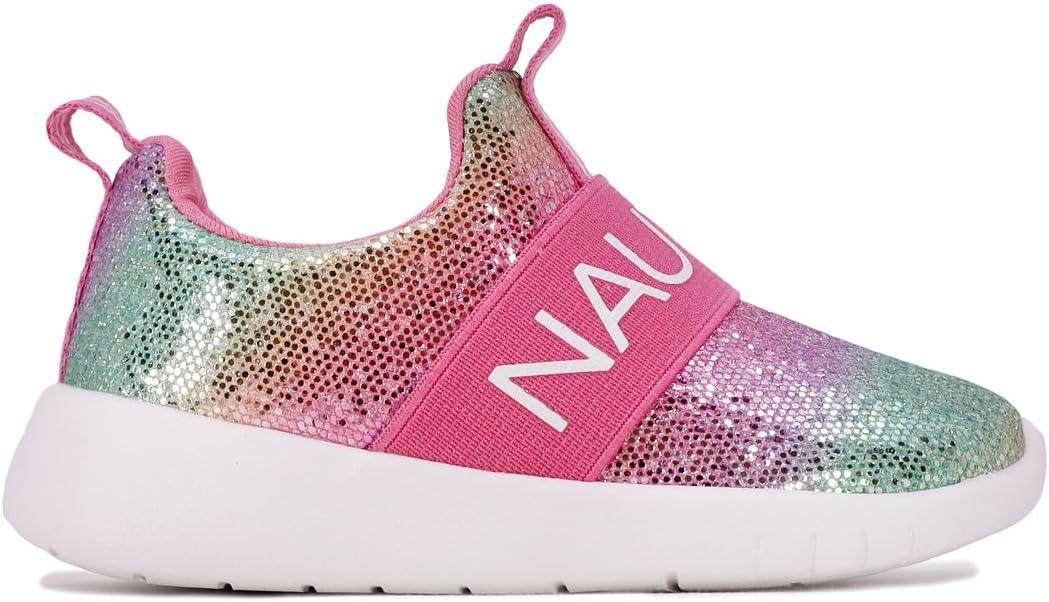 imageNautica Girls SlipOn Sneaker Athletic Running Kids Shoe for Walking Running Tennis and Sports ToddlerLittle KidDark Rainbow Holograph