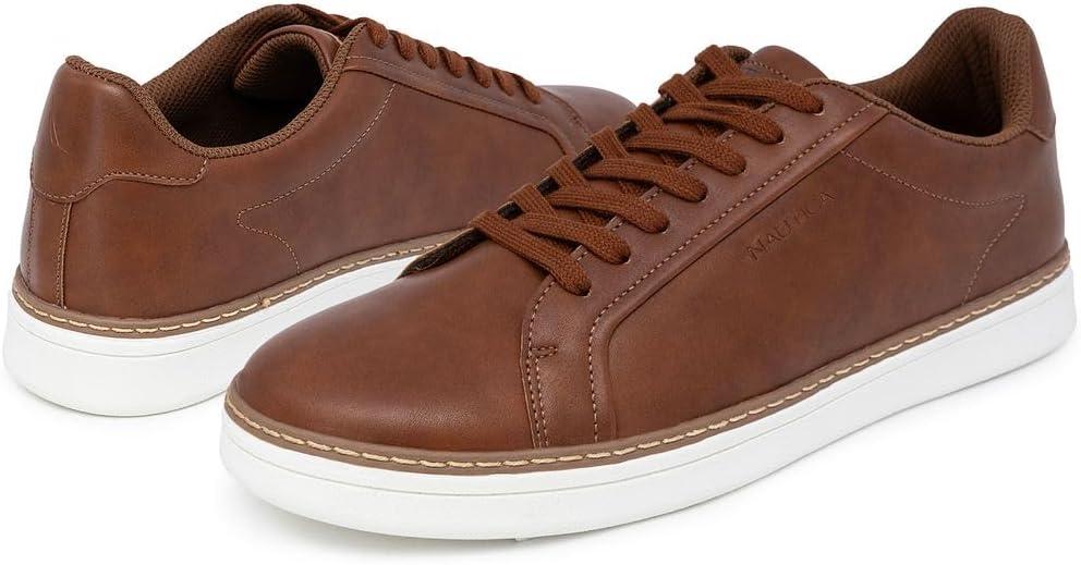 imageNautica Mens Casual Court Fashion Sneakers Classic LowTop LaceUp Shoes Comfortable Everyday Walking Style with Durable Outsole and Vegan Leather UpperCognacjalad