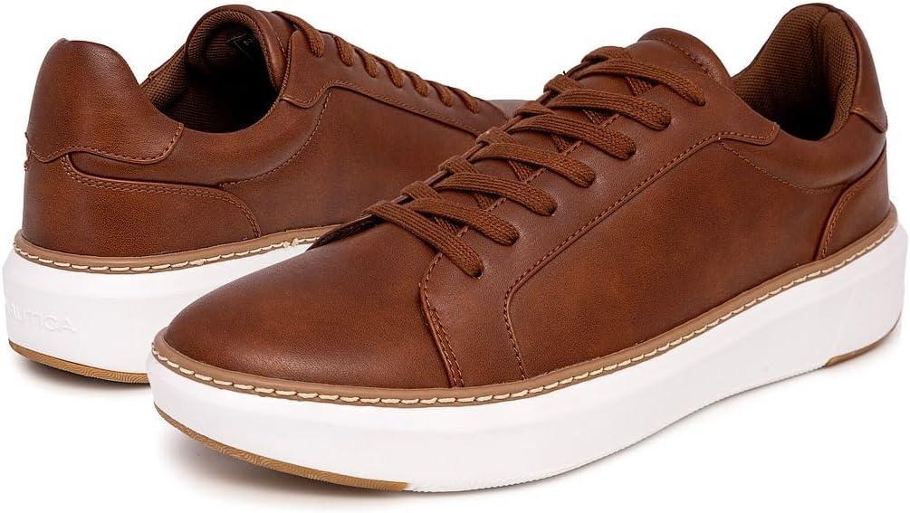 imageNautica Mens Casual Court Fashion Sneakers Classic LowTop LaceUp Shoes Comfortable Everyday Walking Style with Durable Outsole and Vegan Leather UpperCognacdonley