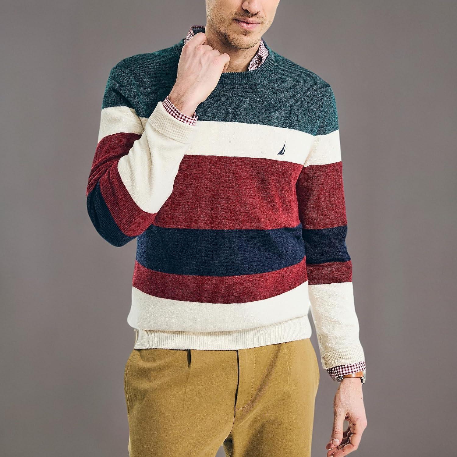 imageNautica Mens Nautica Sustainably Crafted Striped Textured Crewneck SweaterNautica Tan