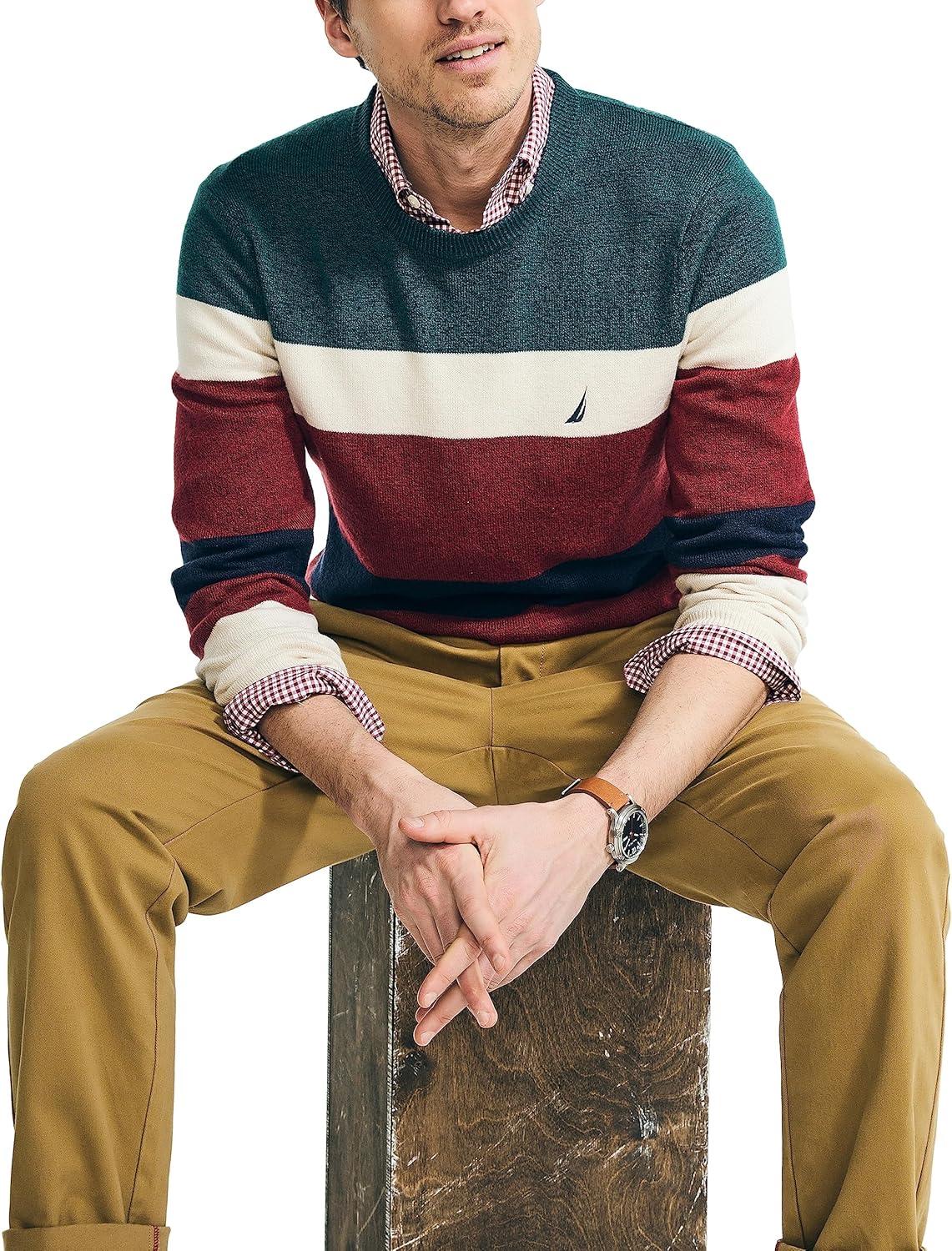 imageNautica Mens Nautica Sustainably Crafted Striped Textured Crewneck SweaterNautica Tan