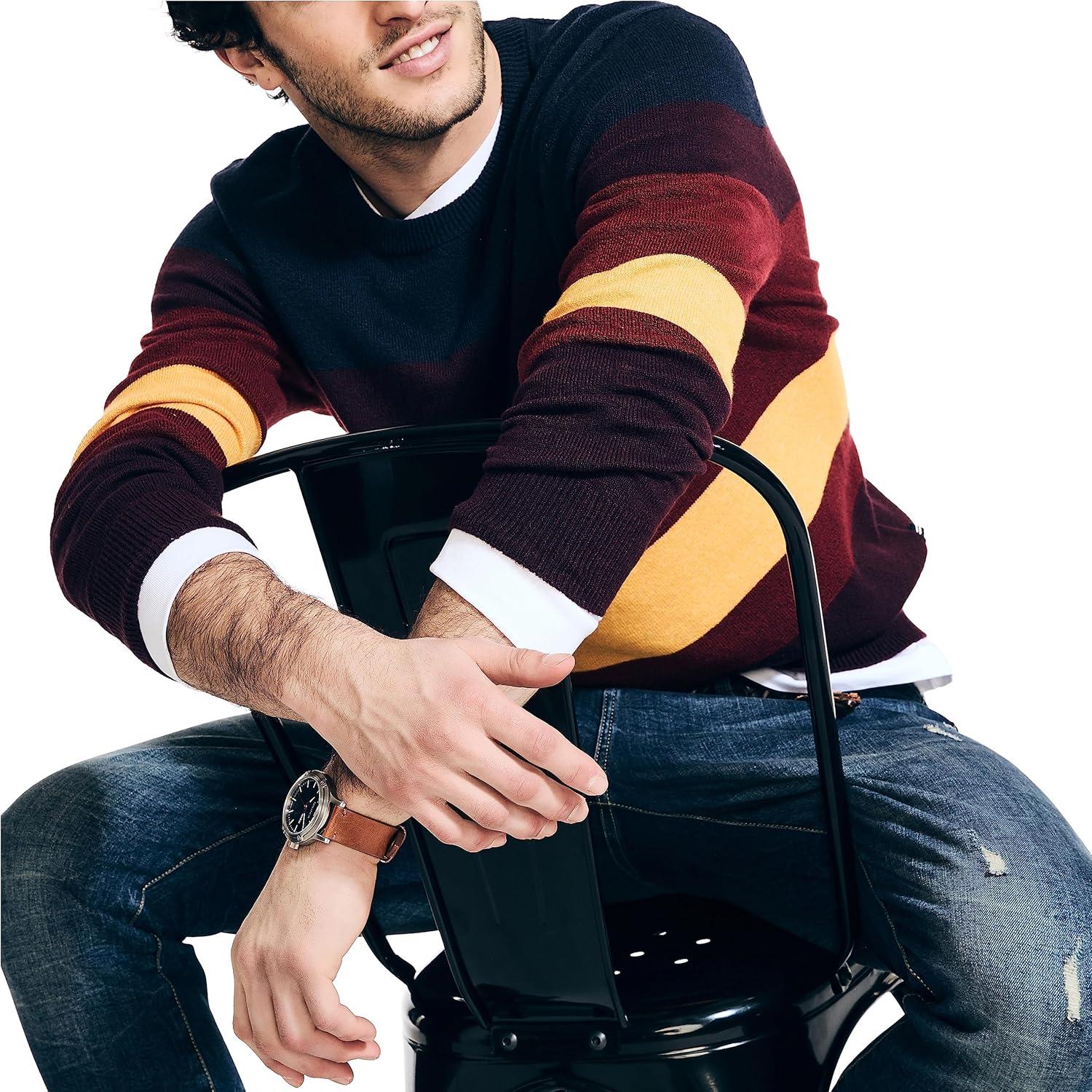 imageNautica Mens Nautica Sustainably Crafted Striped Textured Crewneck SweaterShipwreck Burgundy