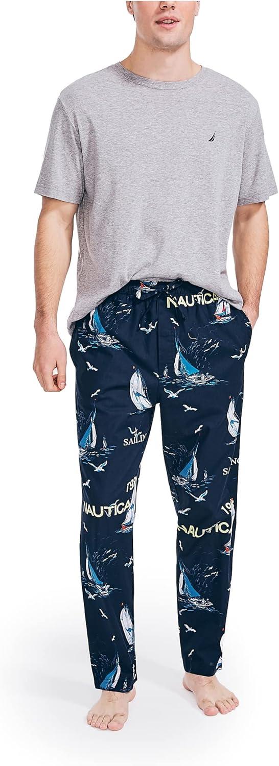 imageNautica Mens Soft Woven 100 Cotton Elastic Waistband Sleep Pajama PantSailboat Blue
