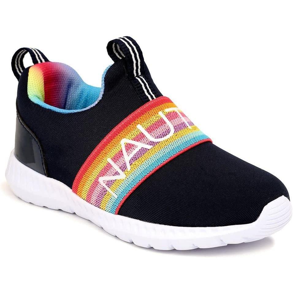imageNautica Girls SlipOn Sneaker Athletic Running Kids Shoe for Walking Running Tennis and Sports ToddlerLittle KidNavy Rainbow Elastic