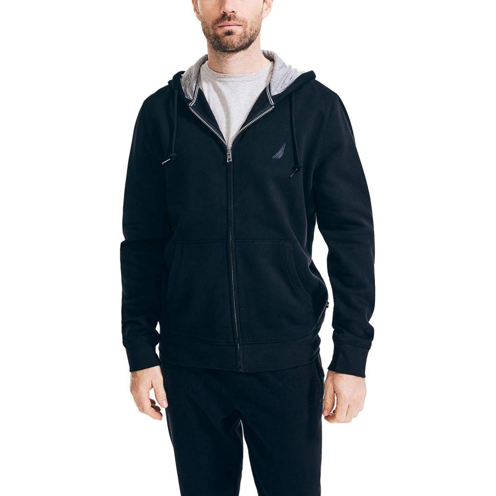 imageNautica Long Sleeve Sueded Fleece Full Zip Hoodie Sweatshirt SweaterTrue Black