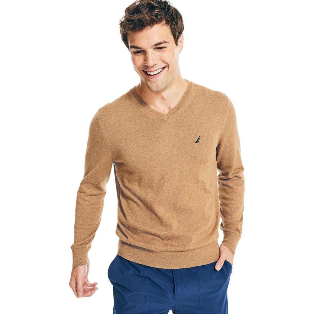 imageNautica Mens Nautica Navtech VNeck SweaterCamel Heather