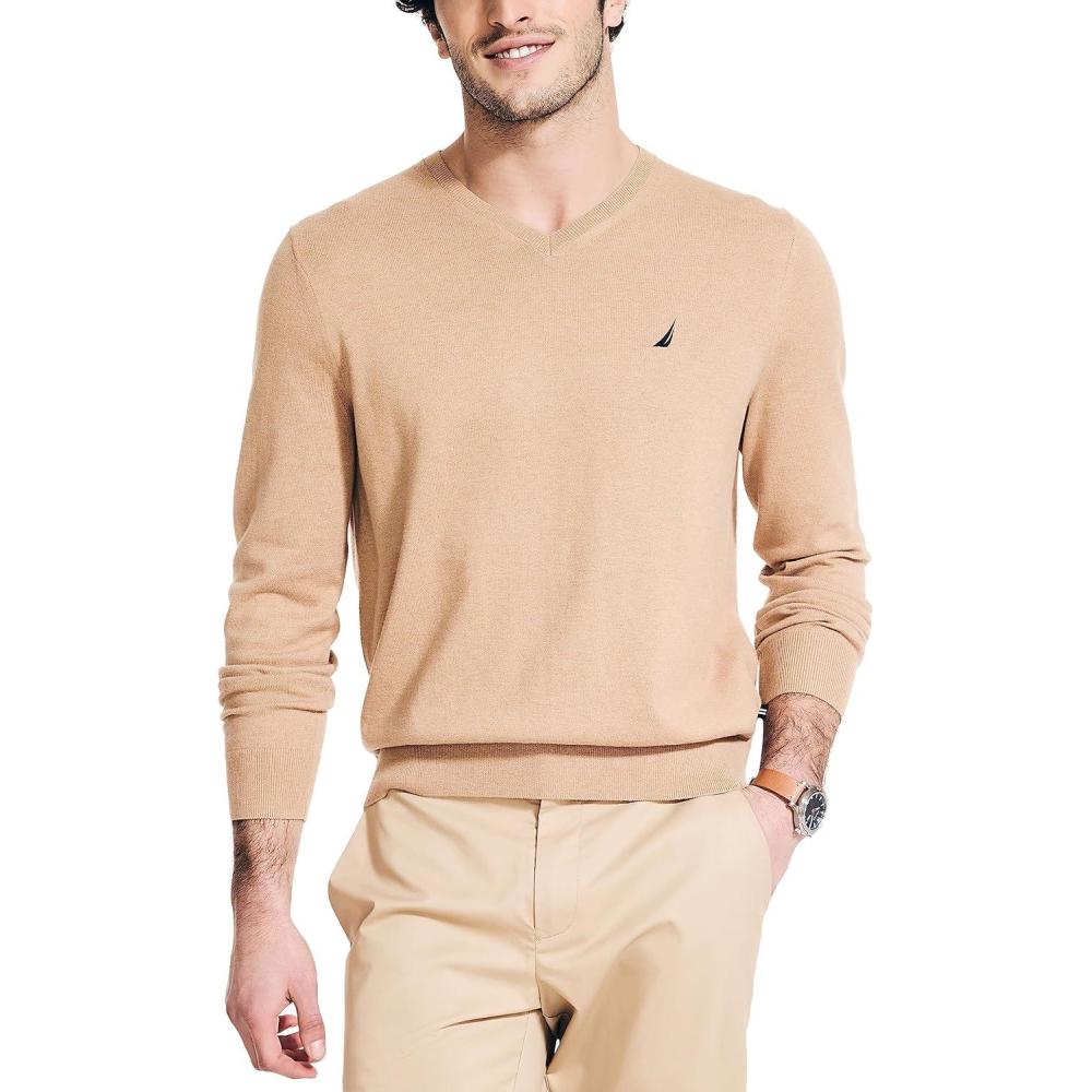 imageNautica Mens Nautica Navtech VNeck SweaterCoastal Camel Heather