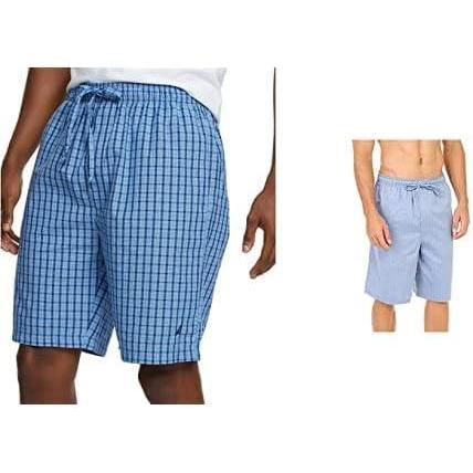 imageNautica Mens Soft Woven 100 Cotton Elastic Waistband Sleep Pajama ShortFrench BlueBlue Bone 2 Pack