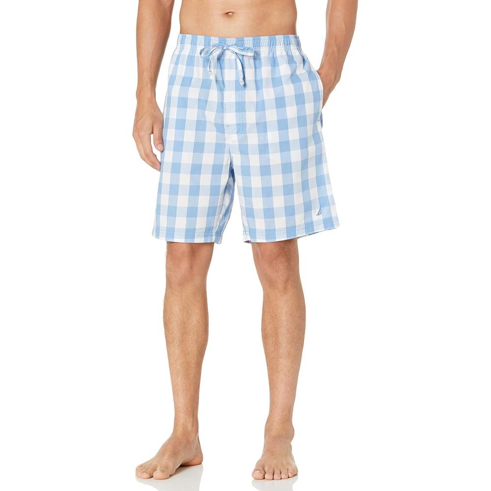 imageNautica Mens Soft Woven 100 Cotton Elastic Waistband Sleep Pajama ShortRiviera Blue