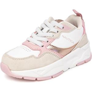 Nautica Girls’ Sneakers, Athletic Walking Shoes for Play and Everyday Wear, Comfortable Casual Toddler and Youth Bungee and Lace-Up(White Gold Pink)
