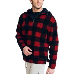 Nautica Men’s Printed Faux Shearling Quarter-zip Hoodie(Nautica Red)