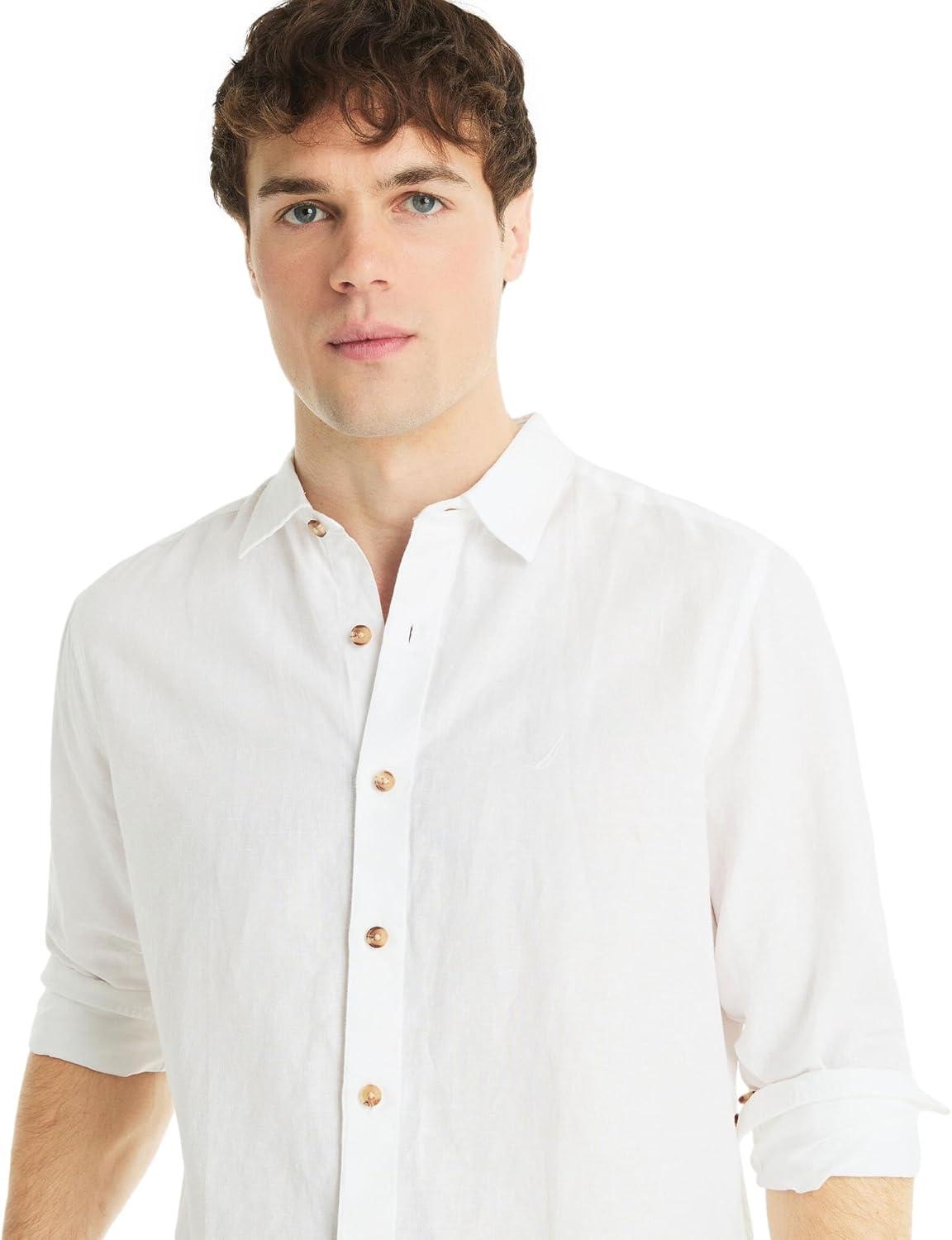 imageNautica Mens Nautica Sustainably Crafted Classic Fit Linen ShirtDeck Bright White