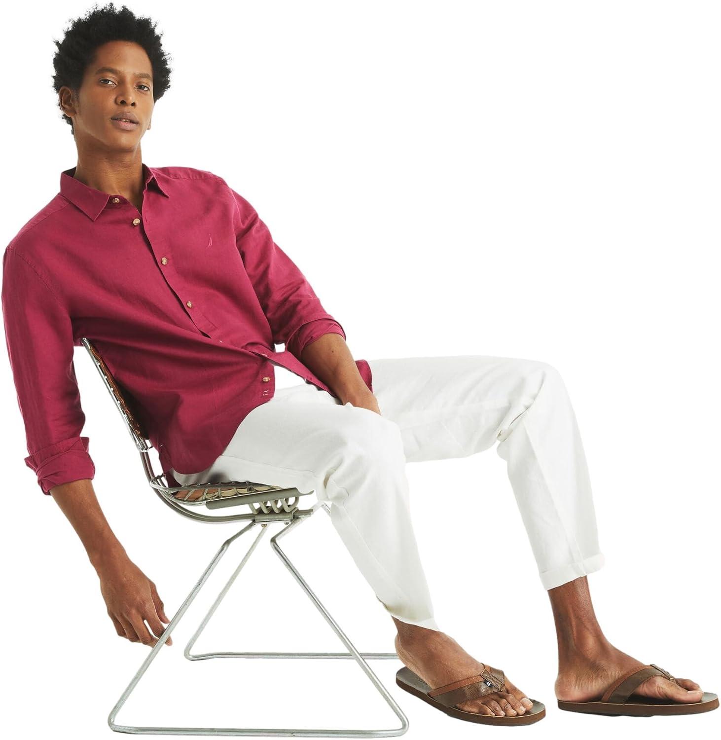 imageNautica Mens Nautica Sustainably Crafted Classic Fit Linen ShirtDeck Crimson Sunst