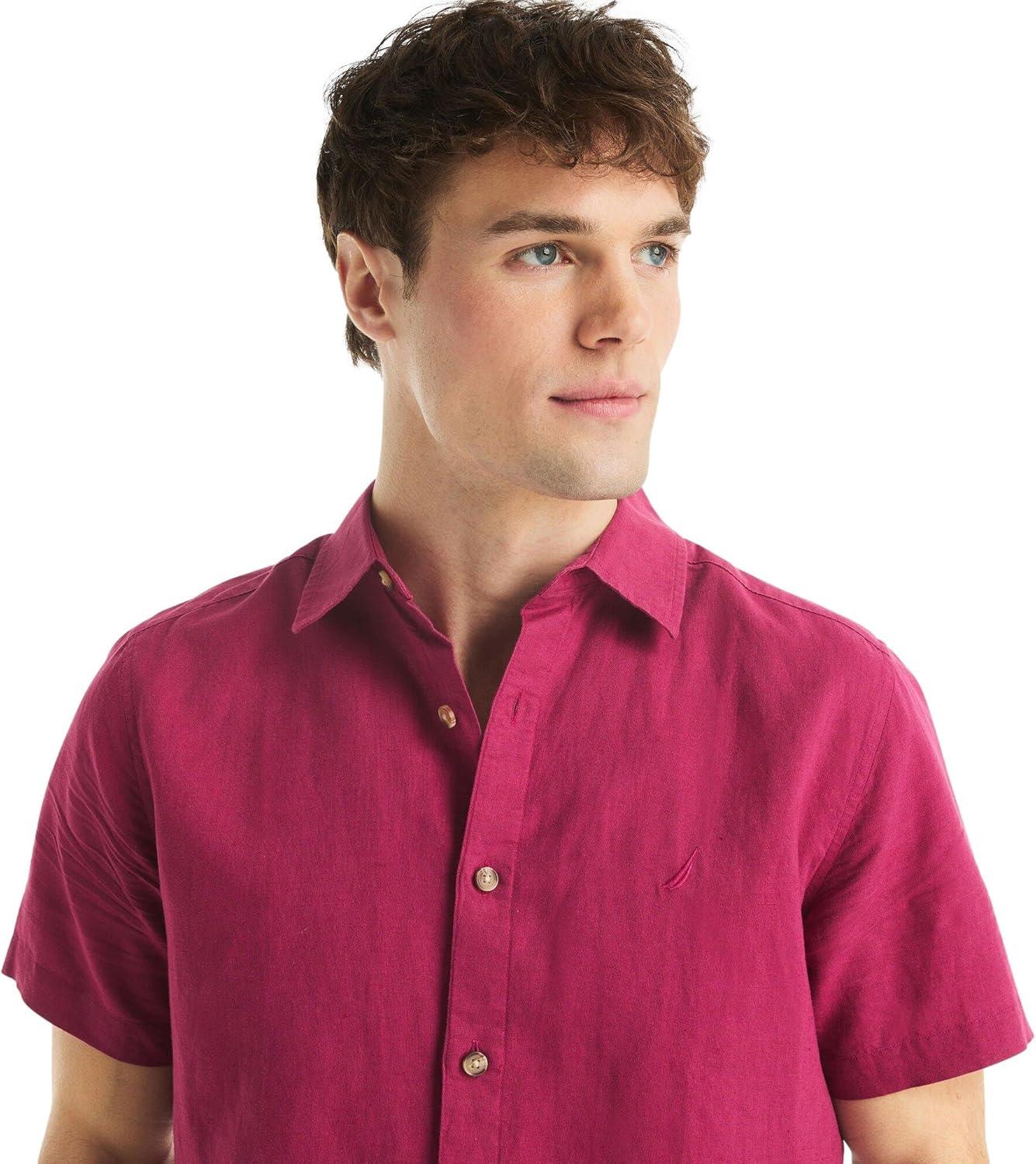 imageNautica Mens Nautica Sustainably Crafted Linen ShortSleeve ShirtCrimson Sunset