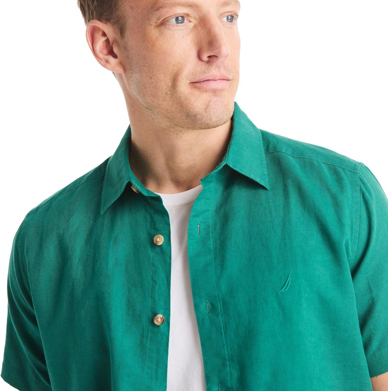 imageNautica Mens Nautica Sustainably Crafted Linen ShortSleeve ShirtGreen Leaf