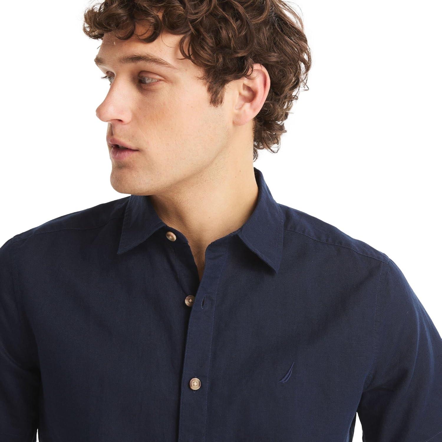 imageNautica Mens Nautica Sustainably Crafted Linen ShortSleeve ShirtNavy Seas