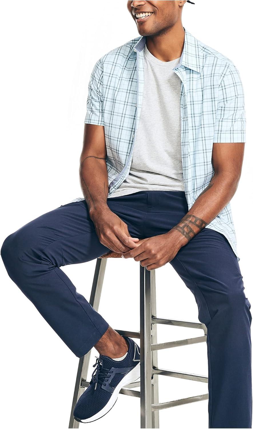 imageNautica Mens Navtech Slim Fit Plaid ShortSleeve ShirtSoft Blue
