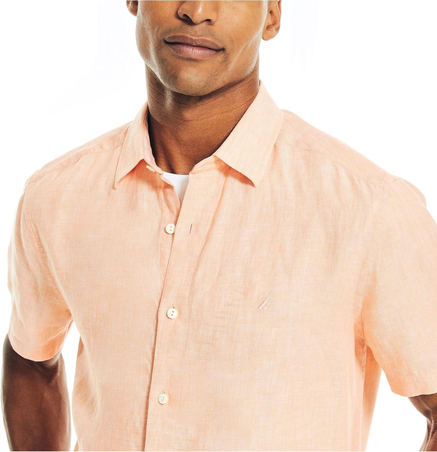 imageNautica Mens Sustainably Crafted Printed Linen ShortSleeve ShirtCoral Reef