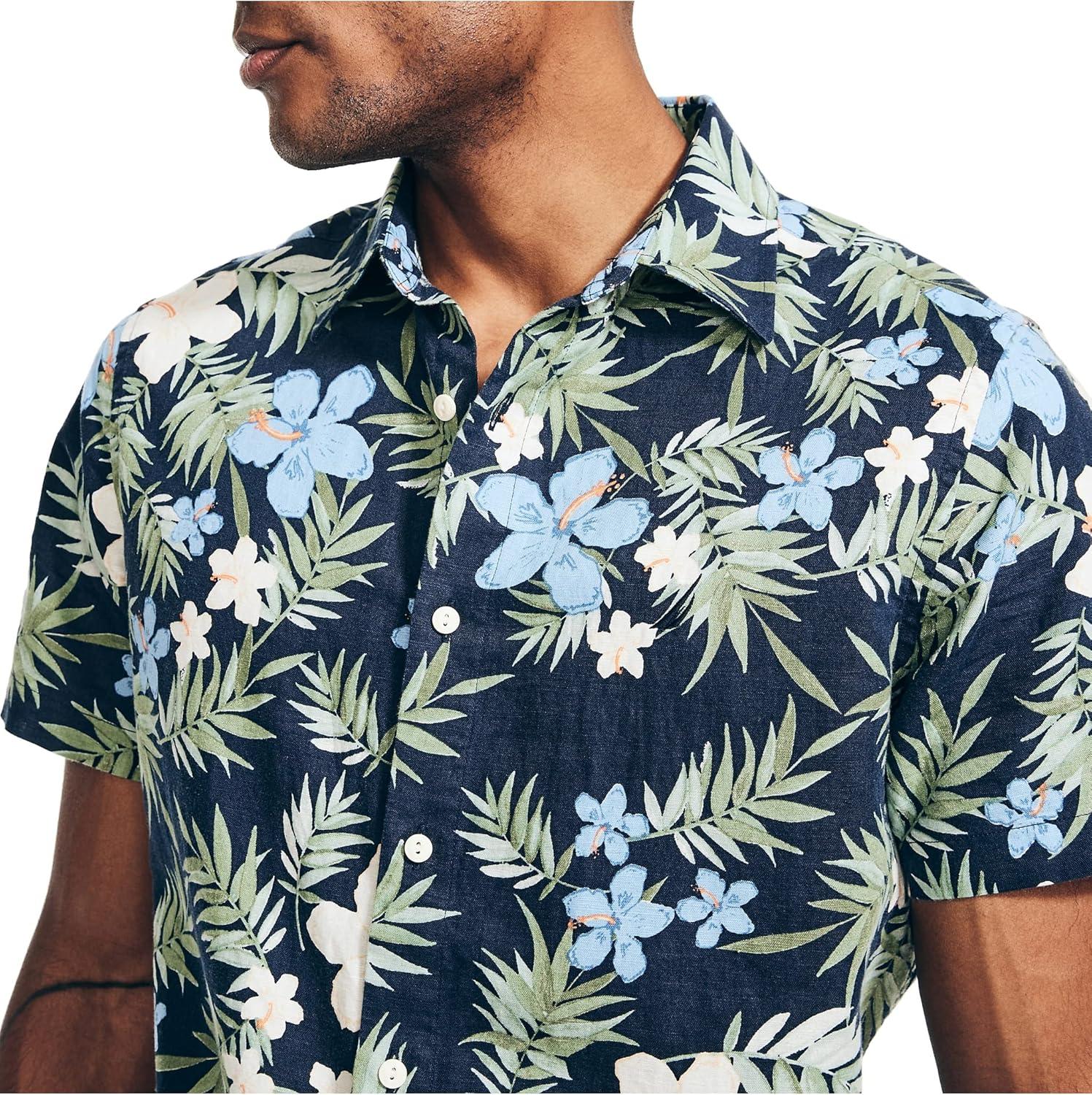 imageNautica Mens Sustainably Crafted Printed Linen ShortSleeve ShirtNavy