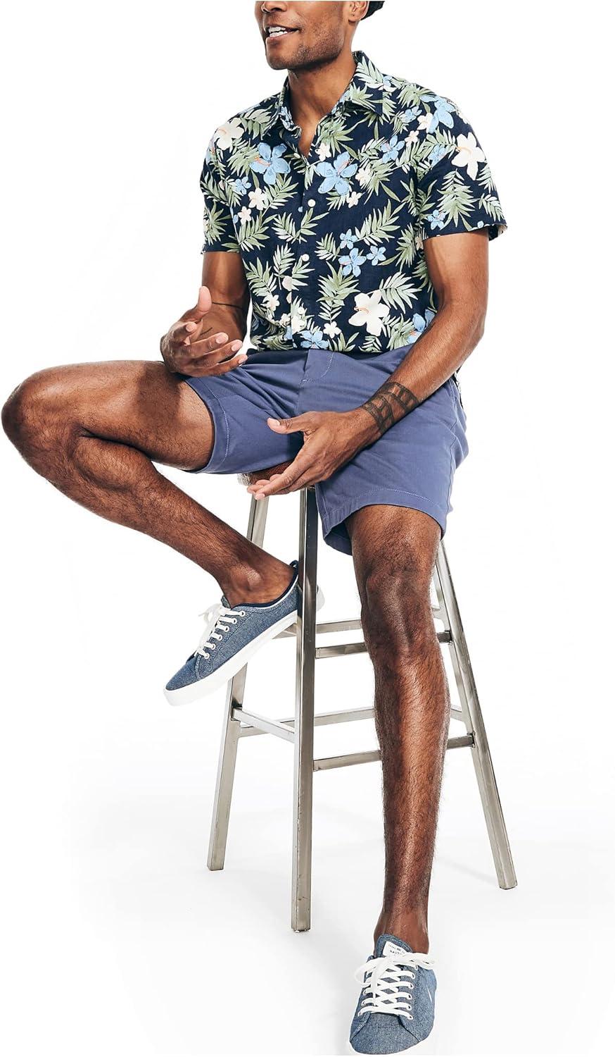 imageNautica Mens Sustainably Crafted Printed Linen ShortSleeve ShirtNavy