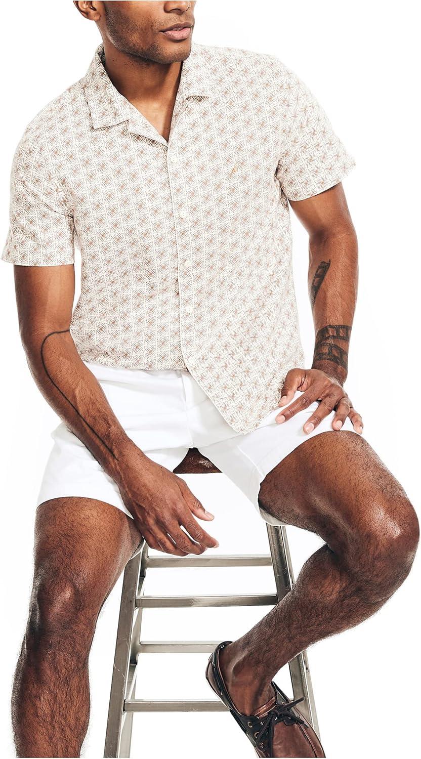 imageNautica Mens Sustainably Crafted Printed Linen ShortSleeve ShirtSail White