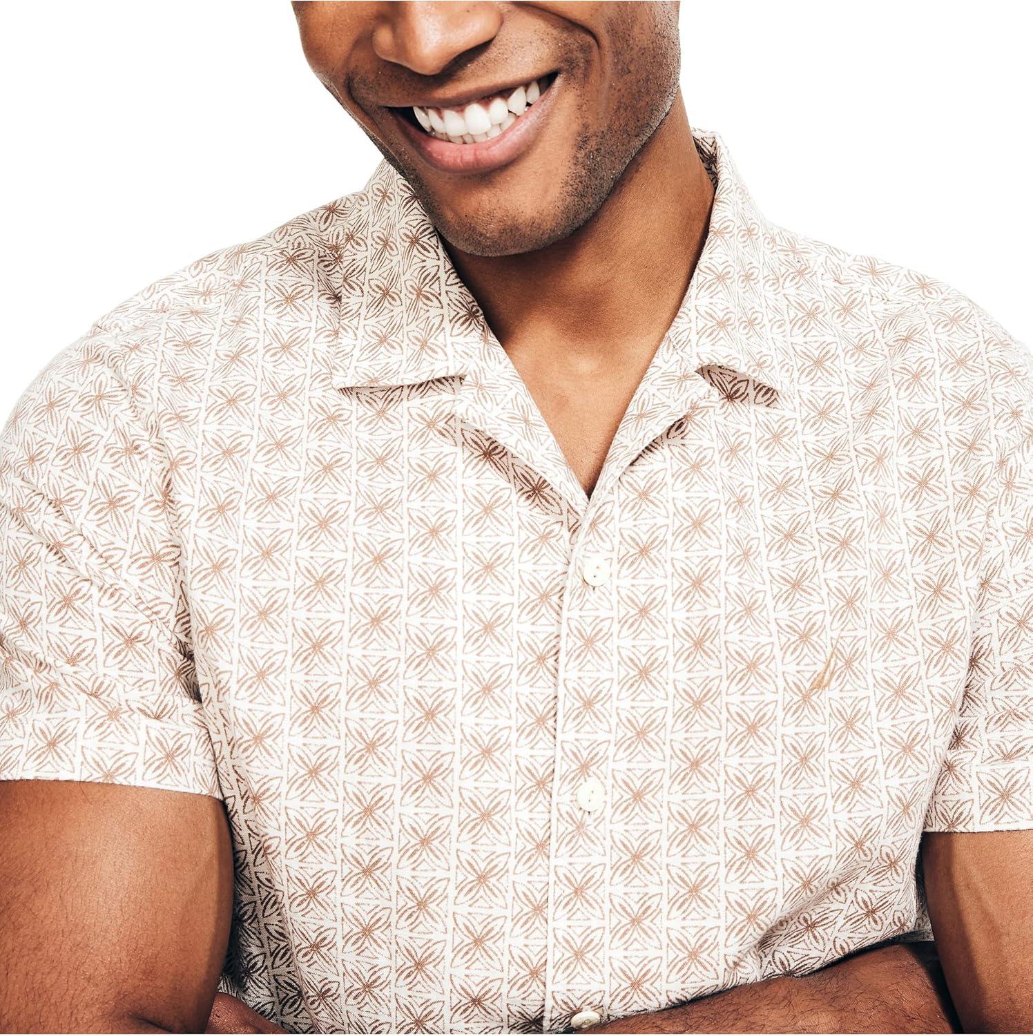 imageNautica Mens Sustainably Crafted Printed Linen ShortSleeve ShirtSail White