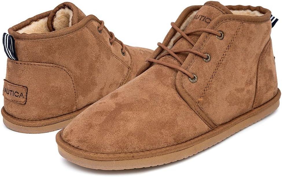 imageNautica Mens Winter Ankle Boots Sherpa Lined Lace Up Slippers for Cold Weather Warm Indoor Outdoor House Shoes Comfortable Cozy BootiesTan