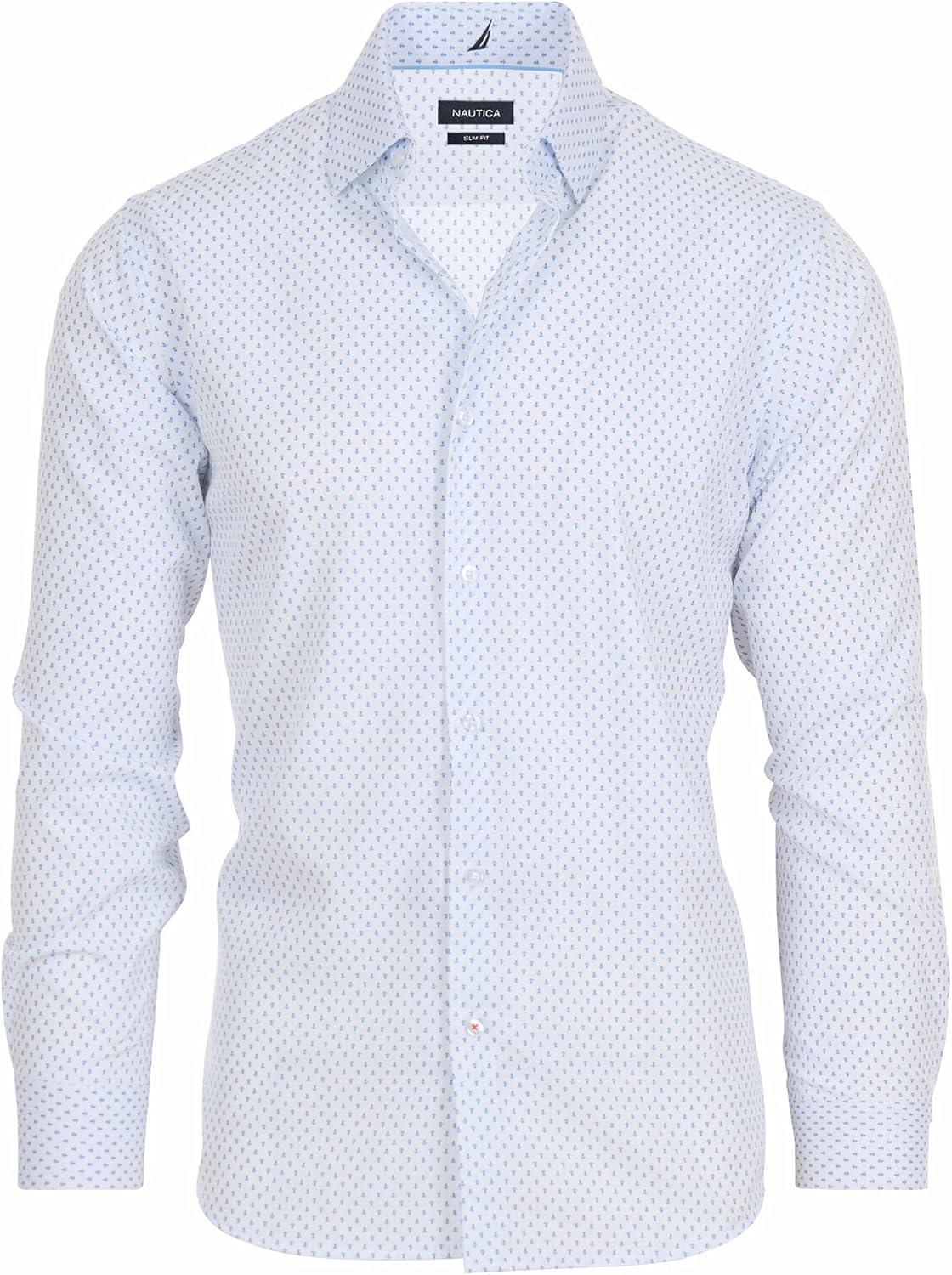 imageNautica Regular Fit Long Sleeve Button Down Dress Shirts for Men Wrinkle Free Long Sleeve Shirt Mens Formal 4Way StretchBlue Anchor