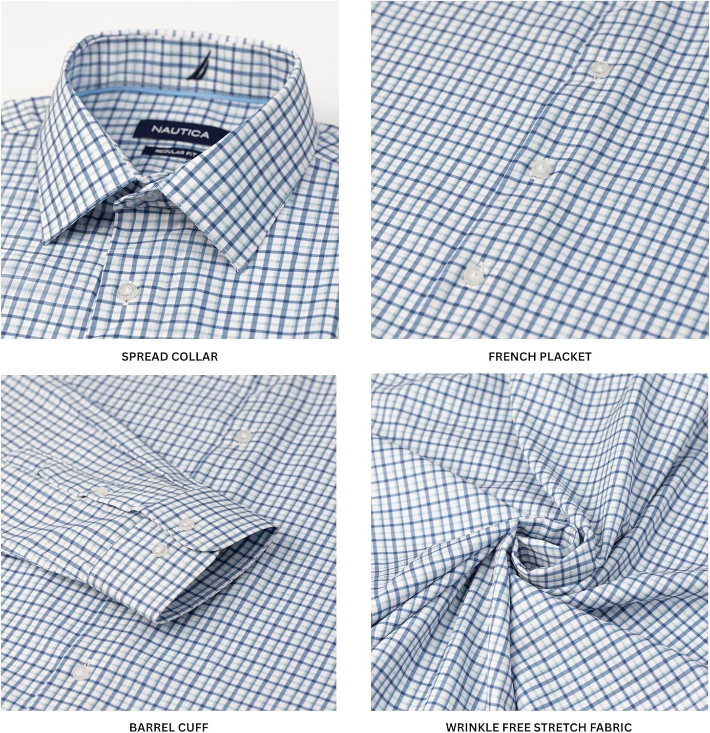 imageNautica Regular Fit Long Sleeve Button Down Dress Shirts for Men Wrinkle Free Long Sleeve Shirt Mens Formal 4Way StretchBlue Green Plaid