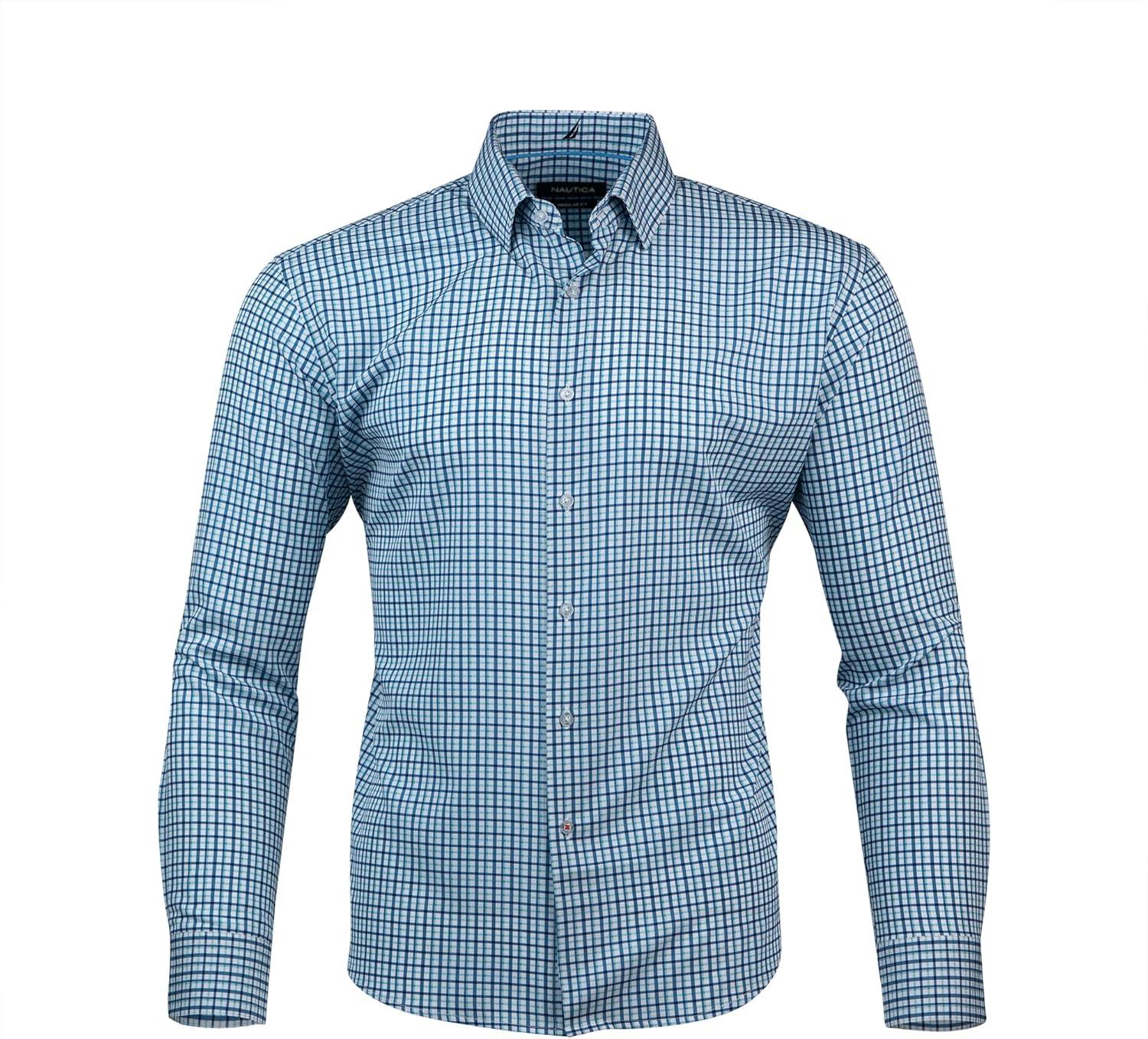 imageNautica Regular Fit Long Sleeve Button Down Dress Shirts for Men Wrinkle Free Long Sleeve Shirt Mens Formal 4Way StretchBlue Green Plaid