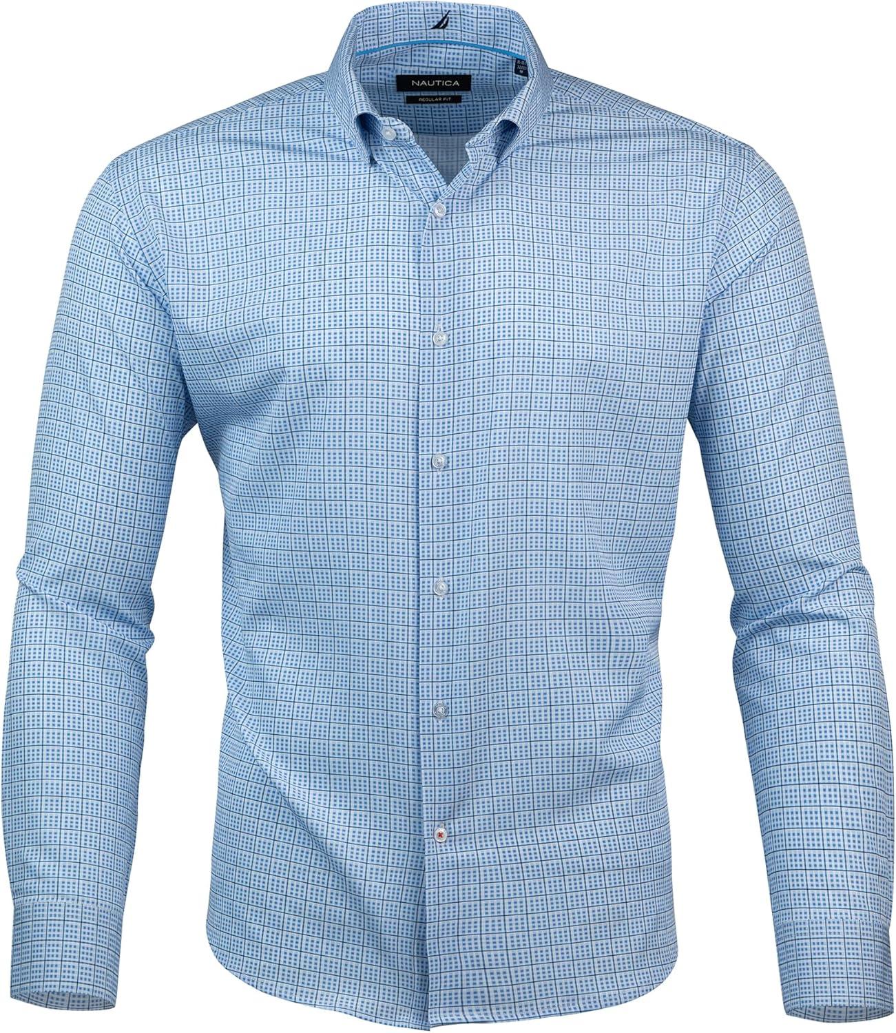 imageNautica Regular Fit Long Sleeve Button Down Dress Shirts for Men Wrinkle Free Long Sleeve Shirt Mens Formal 4Way StretchBlue Multi Plaid