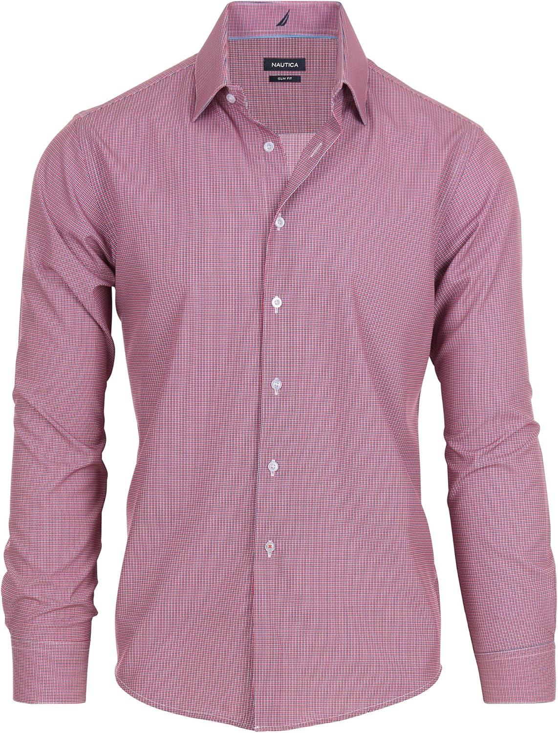 imageNautica Regular Fit Long Sleeve Button Down Dress Shirts for Men Wrinkle Free Long Sleeve Shirt Mens Formal 4Way StretchBlue and Red Check