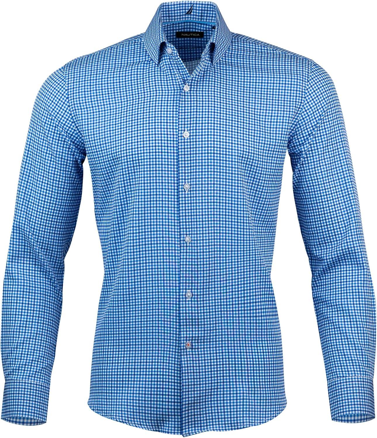 imageNautica Regular Fit Long Sleeve Button Down Dress Shirts for Men Wrinkle Free Long Sleeve Shirt Mens Formal 4Way StretchClassic Blue Plaid