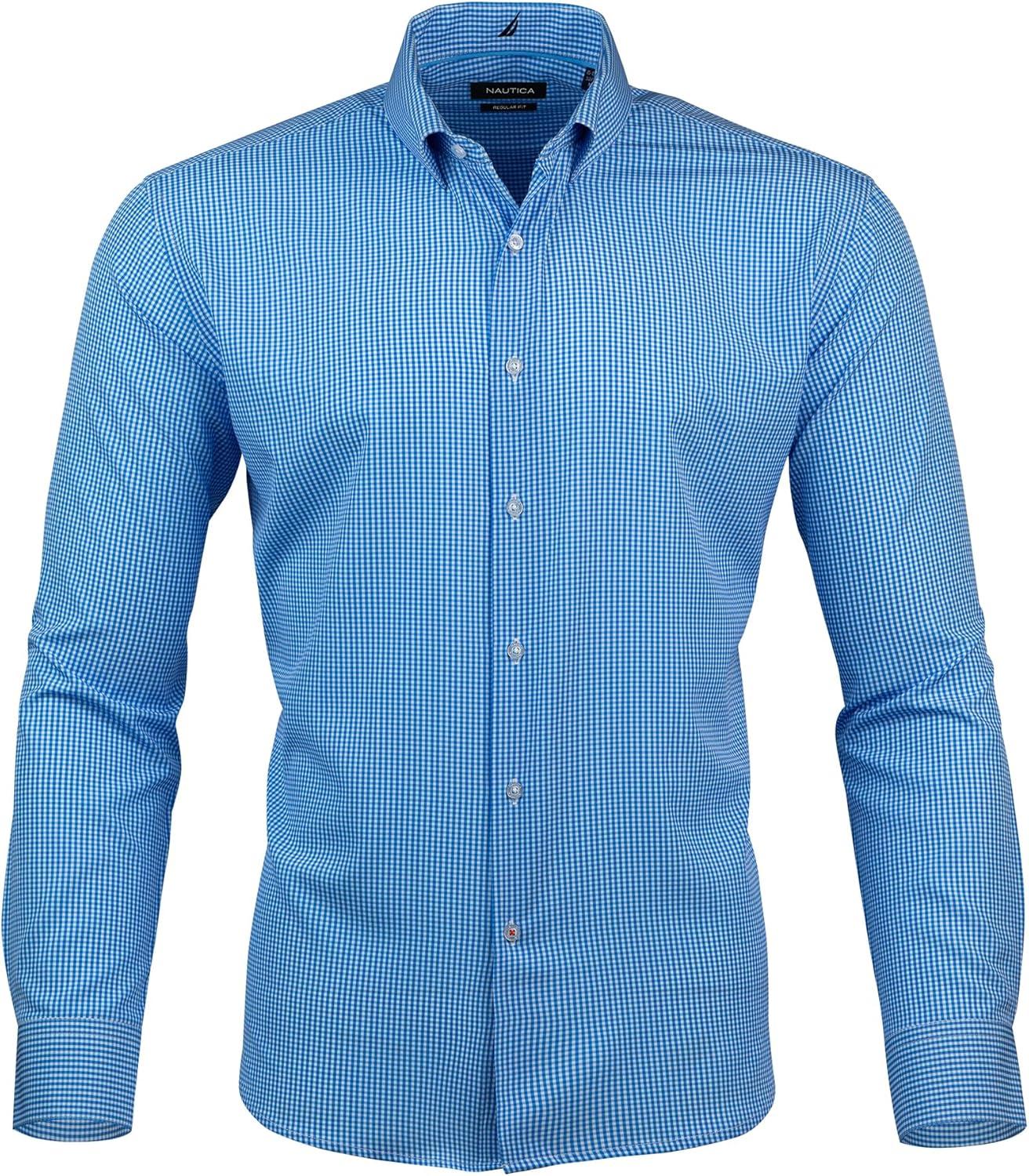 imageNautica Regular Fit Long Sleeve Button Down Dress Shirts for Men Wrinkle Free Long Sleeve Shirt Mens Formal 4Way StretchLight Blue Check