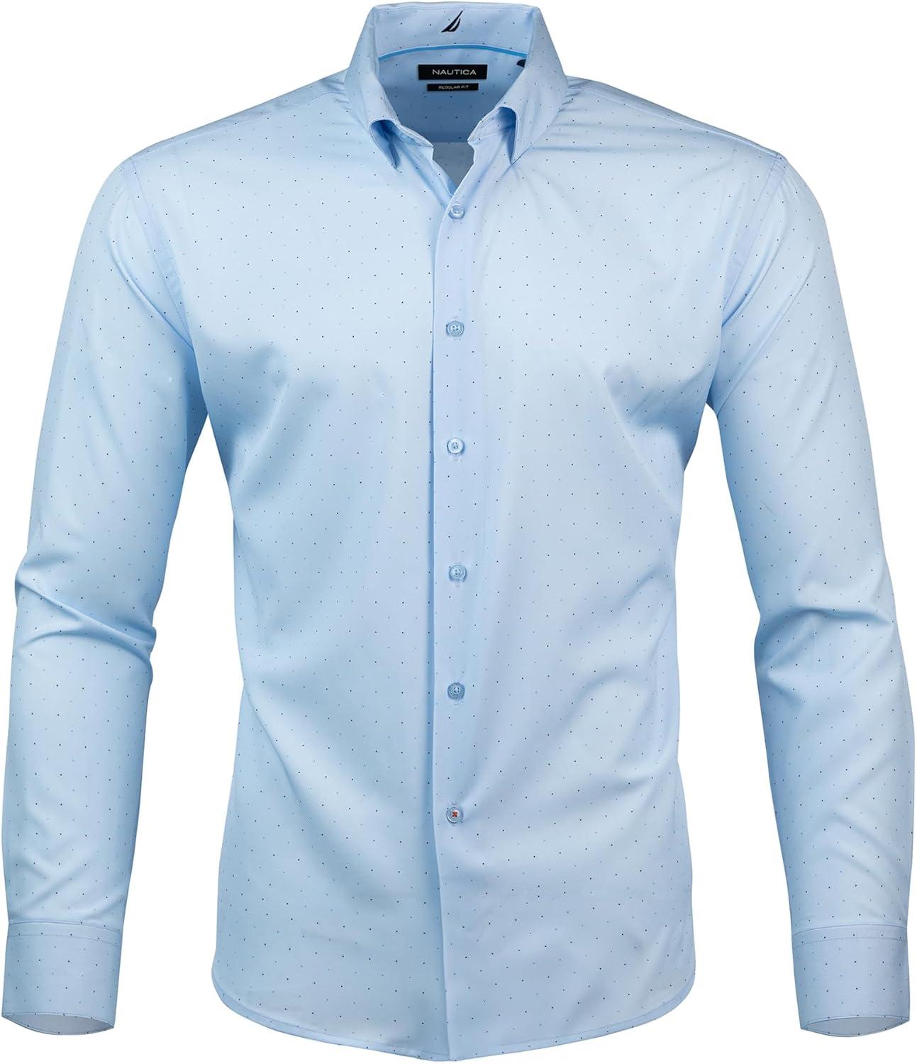 imageNautica Regular Fit Long Sleeve Button Down Dress Shirts for Men Wrinkle Free Long Sleeve Shirt Mens Formal 4Way StretchNavy Light Blue Dot