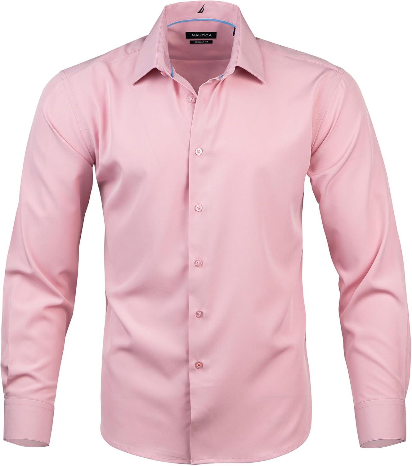 imageNautica Regular Fit Long Sleeve Button Down Dress Shirts for Men Wrinkle Free Long Sleeve Shirt Mens Formal 4Way StretchPink