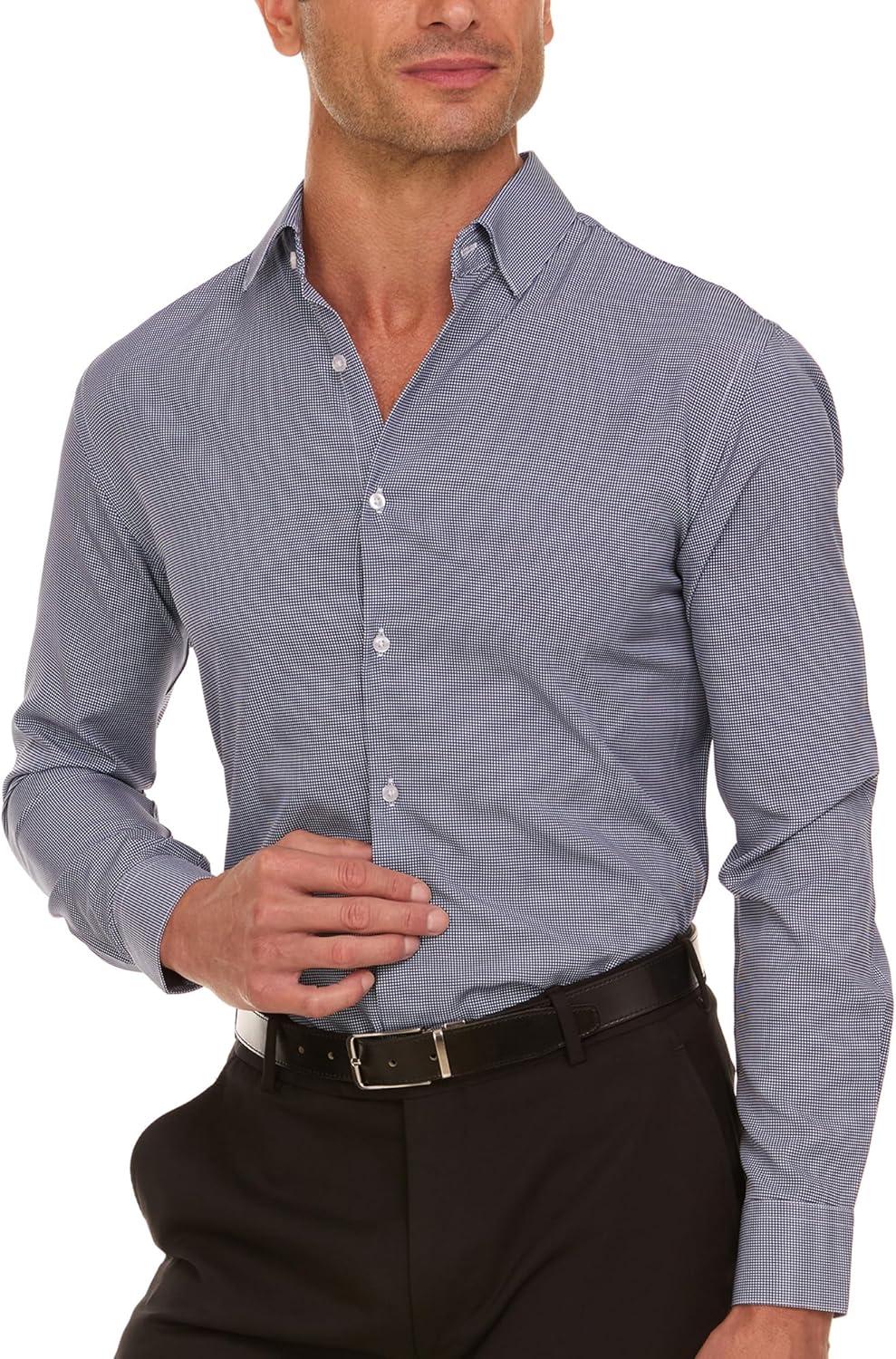 imageNautica Slim Fit Mens Dress Shirts Long Sleeve Performance Polyester Fabric Wrinkle Free 4Way StretchBlack Micro Checks
