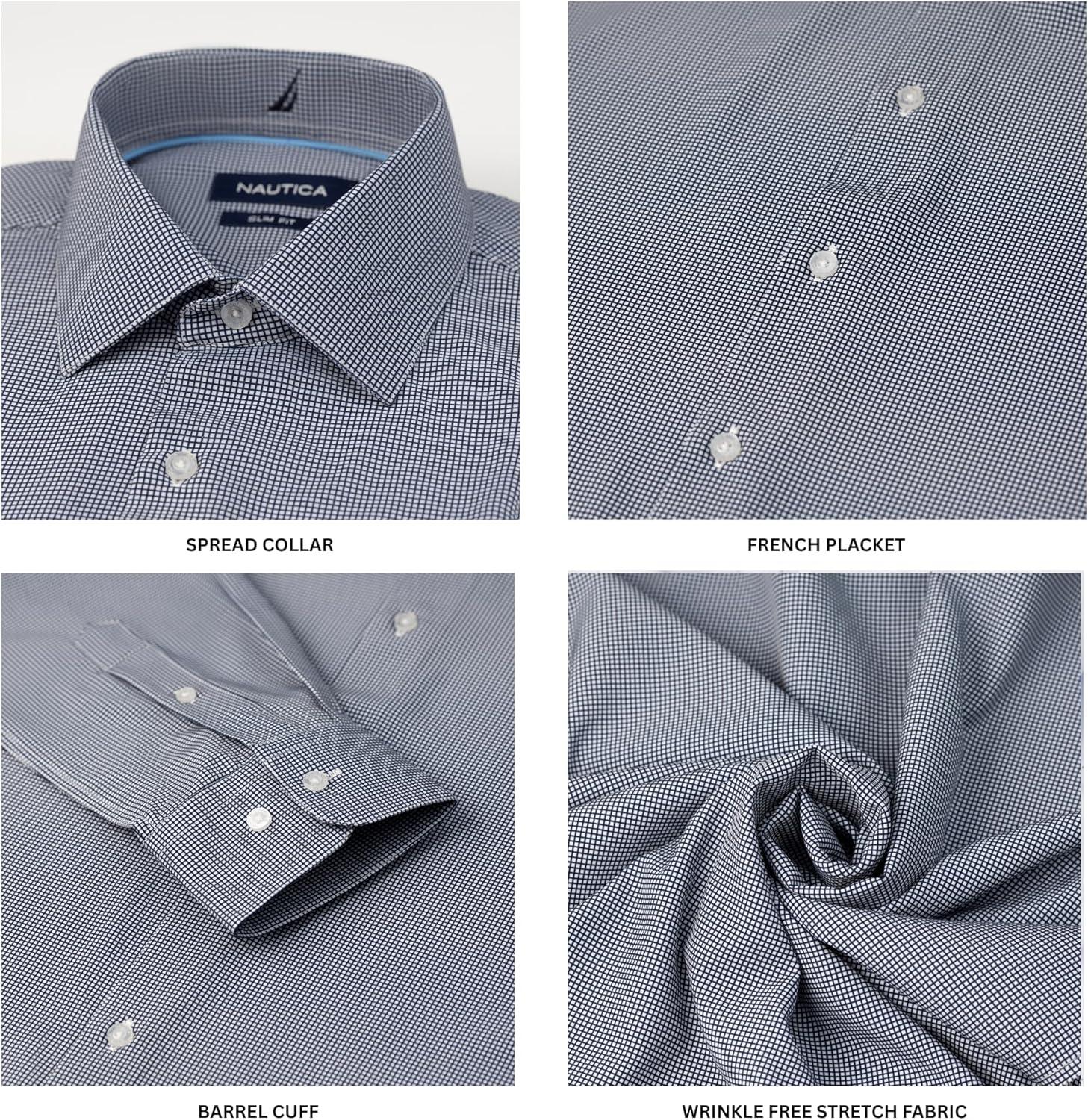 imageNautica Slim Fit Mens Dress Shirts Long Sleeve Performance Polyester Fabric Wrinkle Free 4Way StretchBlack Micro Checks