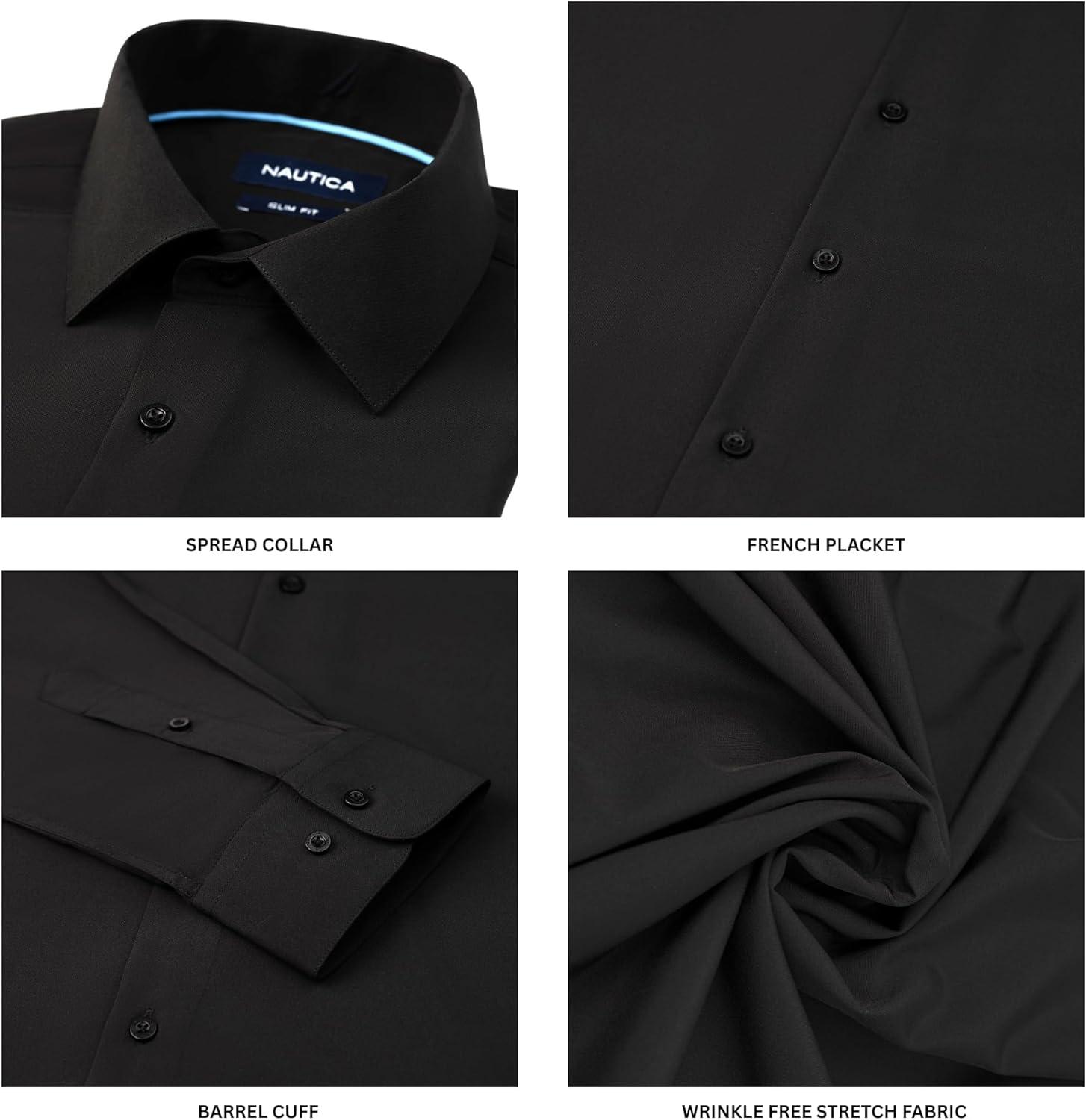 imageNautica Slim Fit Mens Dress Shirts Long Sleeve Performance Polyester Fabric Wrinkle Free 4Way StretchBlack Solid