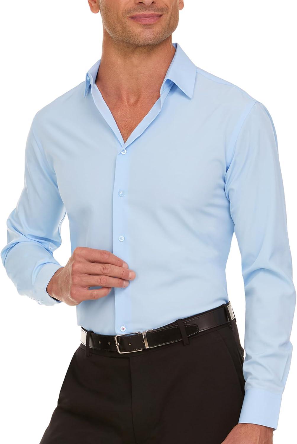 imageNautica Slim Fit Mens Dress Shirts Long Sleeve Performance Polyester Fabric Wrinkle Free 4Way StretchLight Blue