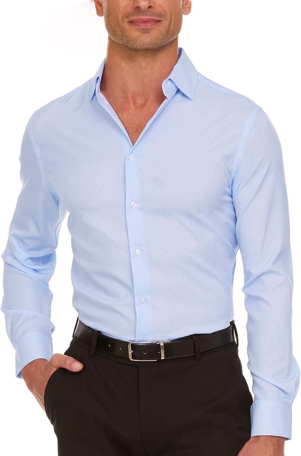 imageNautica Slim Fit Mens Dress Shirts Long Sleeve Performance Polyester Fabric Wrinkle Free 4Way StretchLight Blue Micro